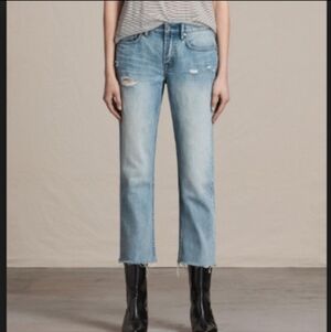 All Saints Serene Distressed Cropped Frayed Leg Blue Jeans Denim